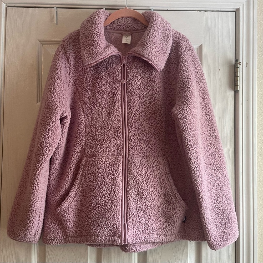 Skechers Size Large Pink Sherpa Fleece Zip Jacket Collar Pockets